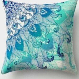 Blue Curling Leaves Mandala Pillow Cover
